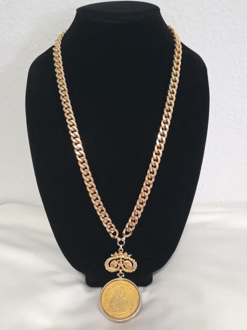 Vintage Nettie Rosenstein Necklace Chunky Long Gold Tone Large Coin Pendant